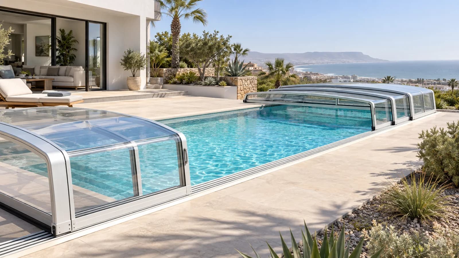 Abri de piscine télescopique en aluminium ouvert face à l’océan à Agadir