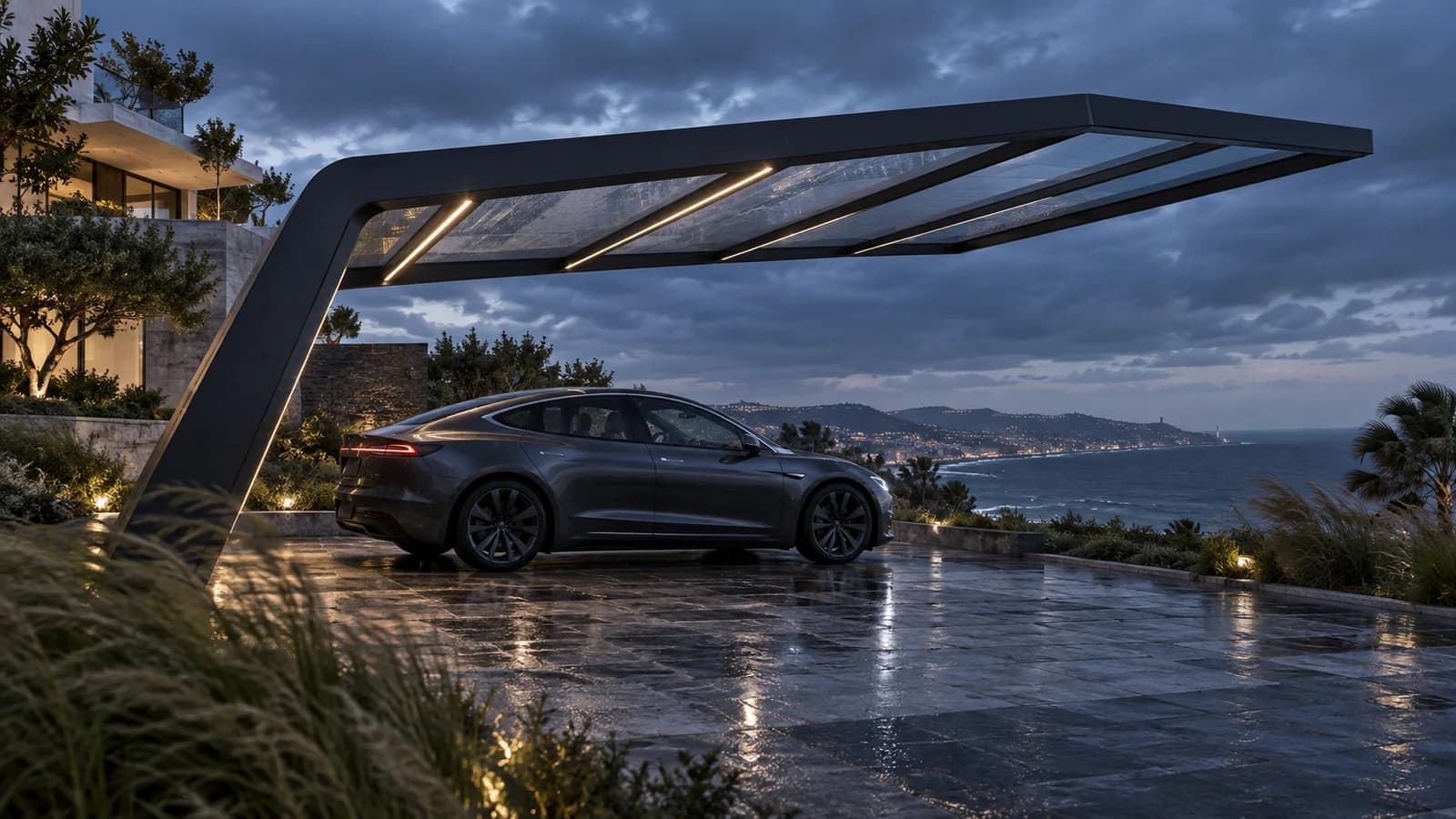 Carport aluminium contemporain éclairé au-dessus d’une voiture à Tanger