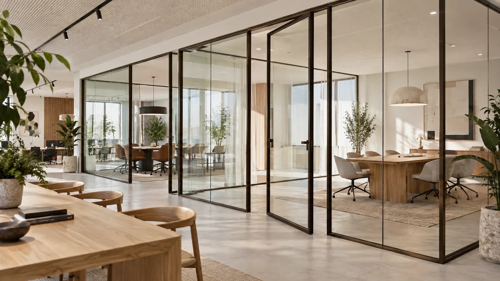 Bureaux lumineux séparés par des cloisons vitrées Slim aux profilés fins