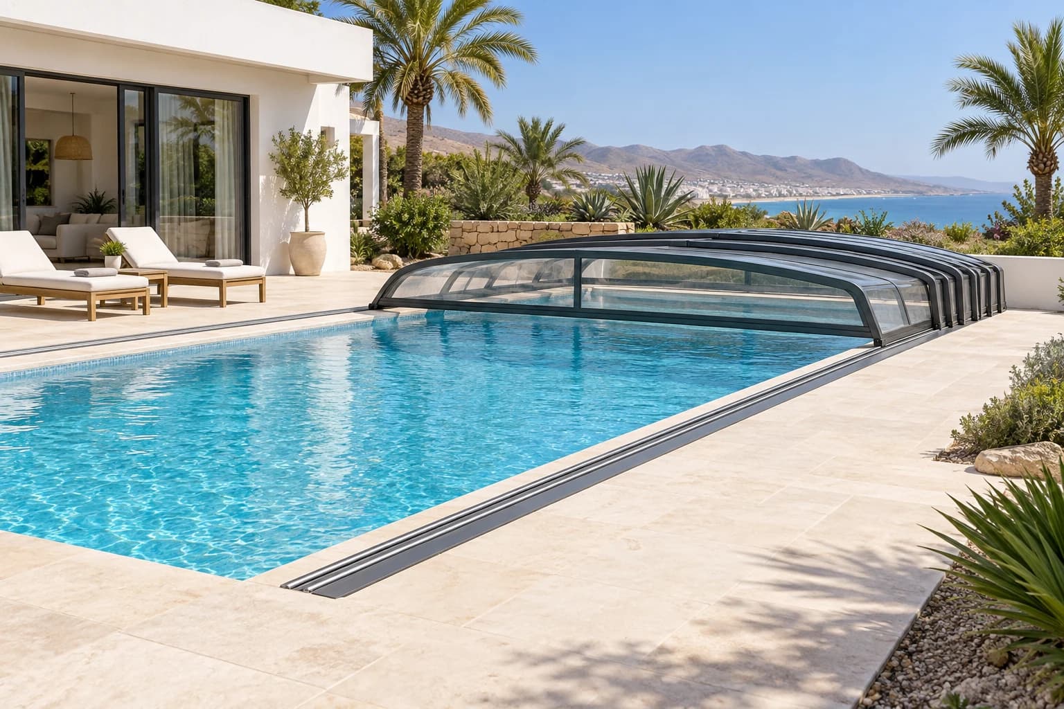 Abri de piscine bas partiellement replié devant une villa près d’Agadir