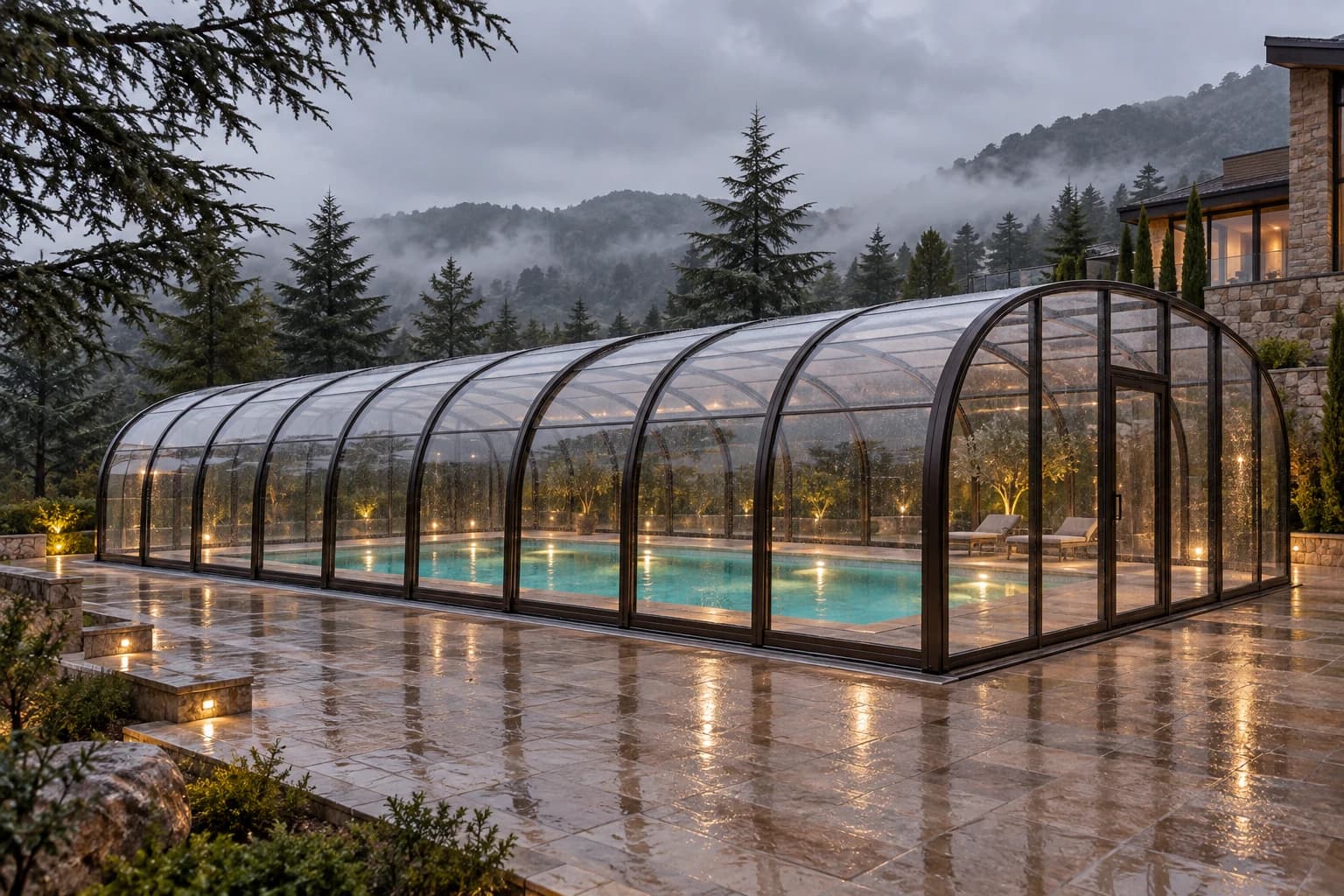 Abri de piscine haut et fermé protégeant un bassin sous la pluie à Ifrane