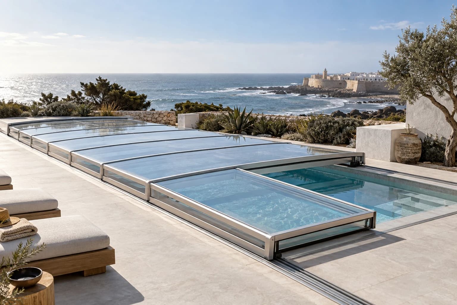 Abri de piscine télescopique ultra-bas sur une terrasse face à l’océan