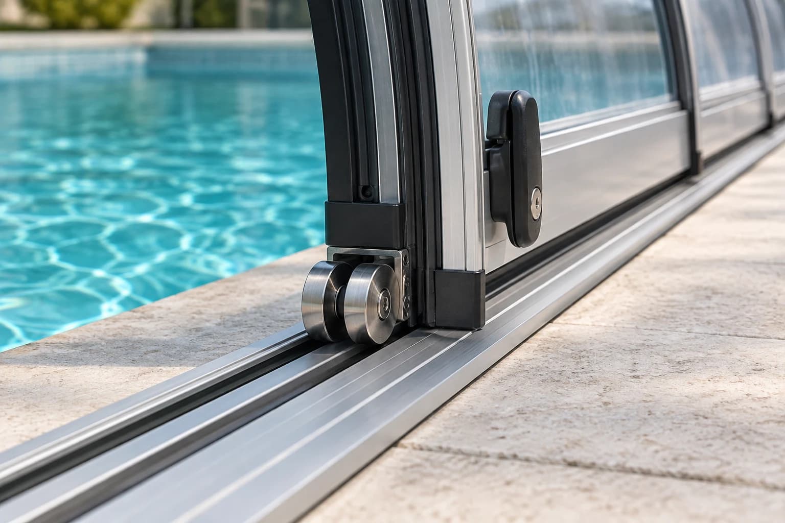 Détail du rail, des roulettes et de la poignée d’un abri de piscine