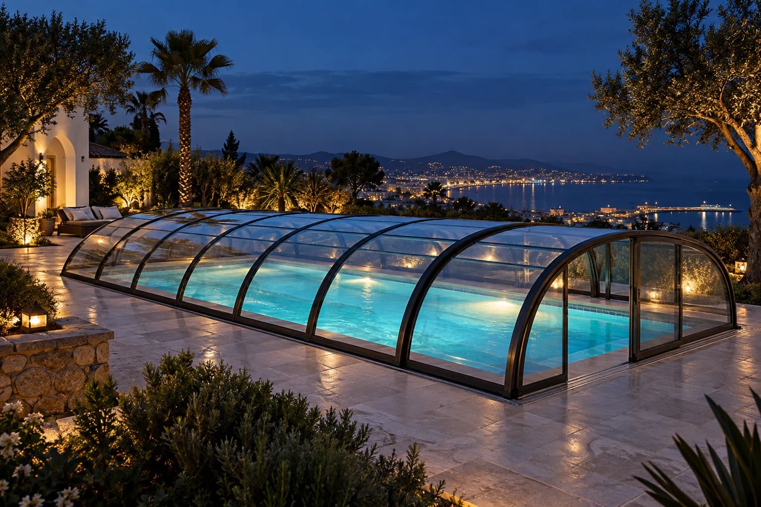 Abri de piscine télescopique éclairé au crépuscule à Tanger