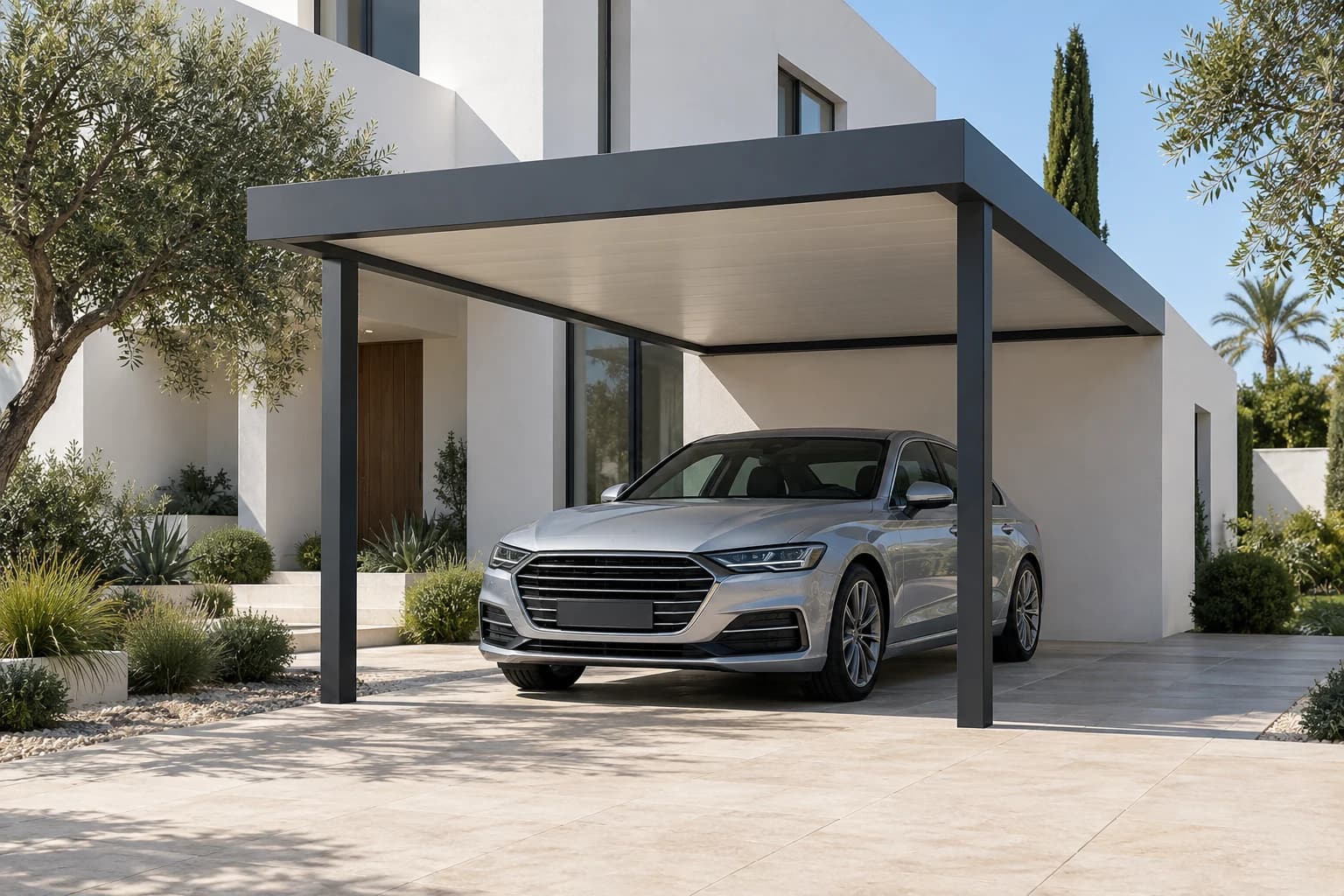 Carport aluminium individuel devant une villa contemporaine à Casablanca