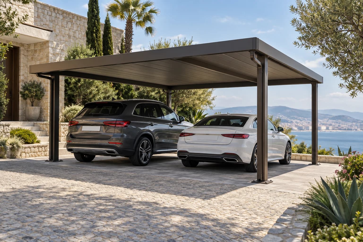 Carport aluminium double protégeant deux voitures face à la baie de Tanger