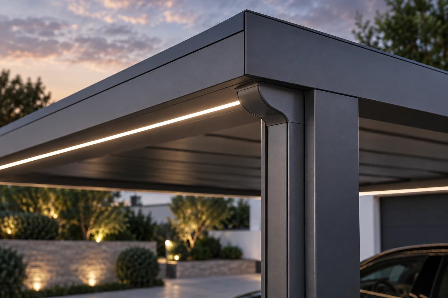 Détail de l’éclairage LED et de l’évacuation d’eau d’un carport aluminium