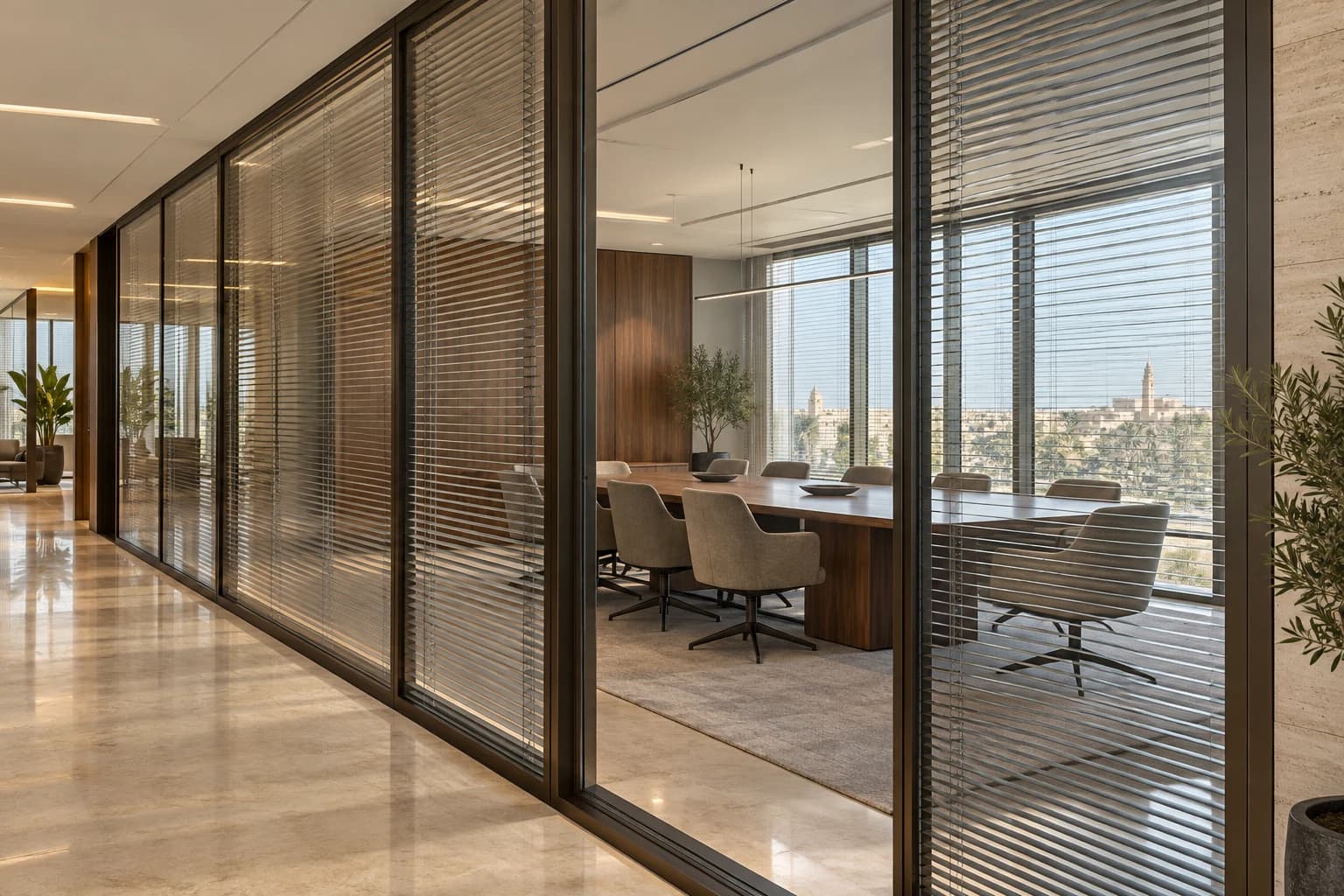 Salle de réunion avec double cloison et stores intégrés à Rabat