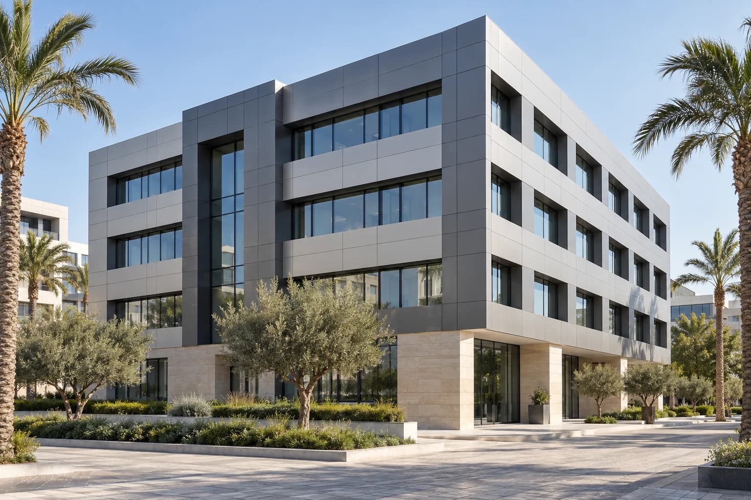Immeuble de bureaux habillé de panneaux composites gris et argent à Casablanca