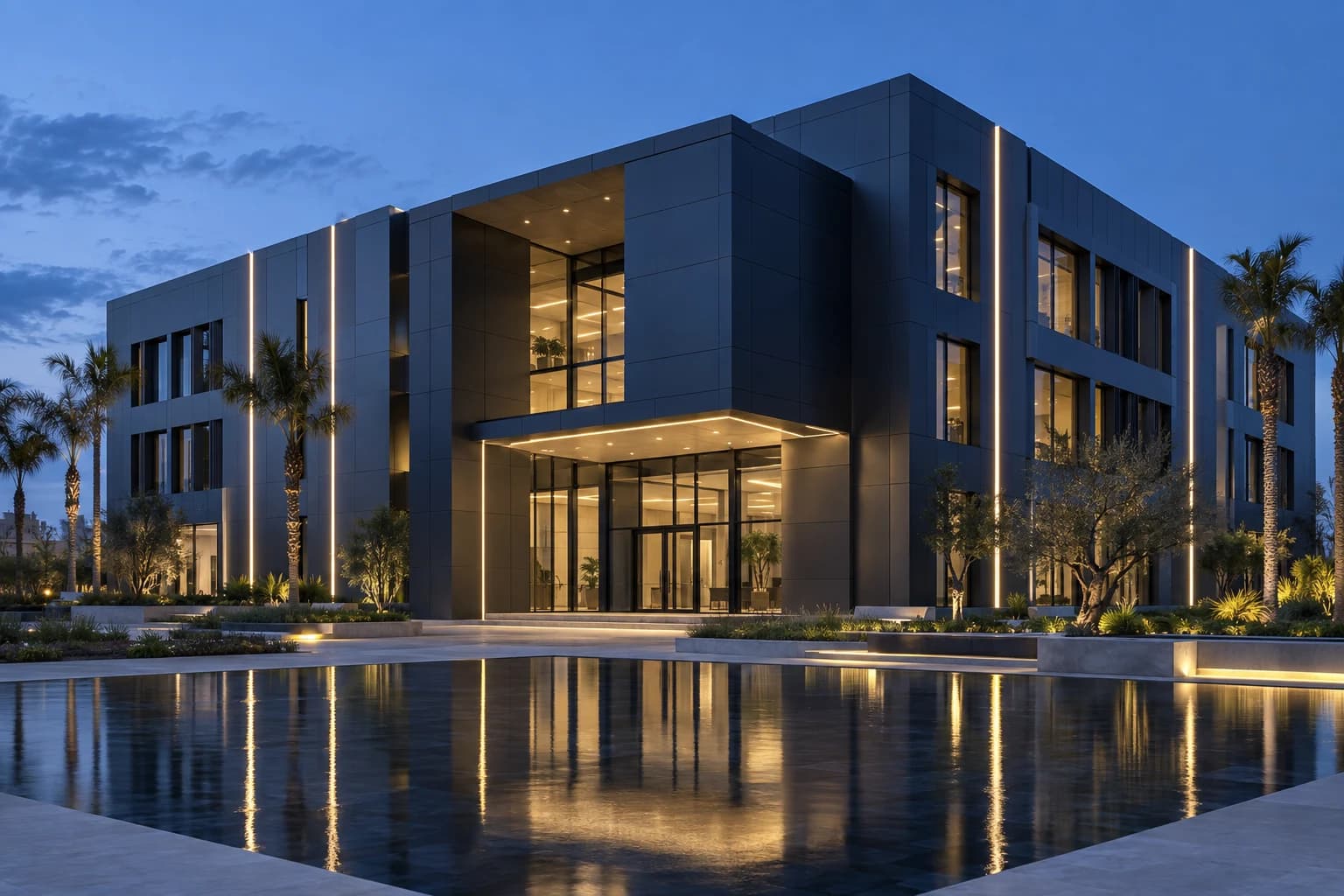 Façade Alucobond anthracite éclairée au crépuscule à Casablanca