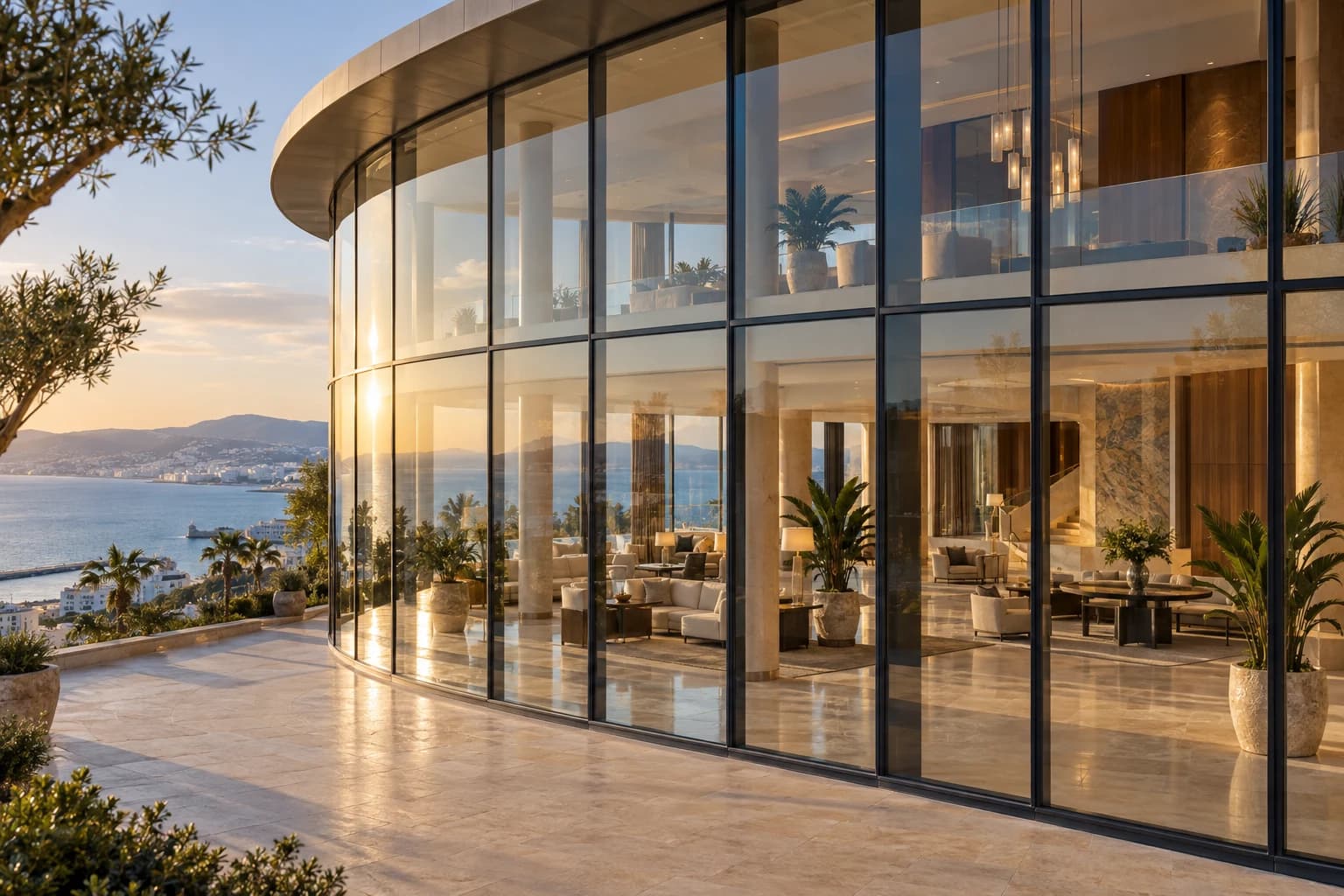 Mur rideau courbe habillant le lobby panoramique d’un hôtel à Tanger