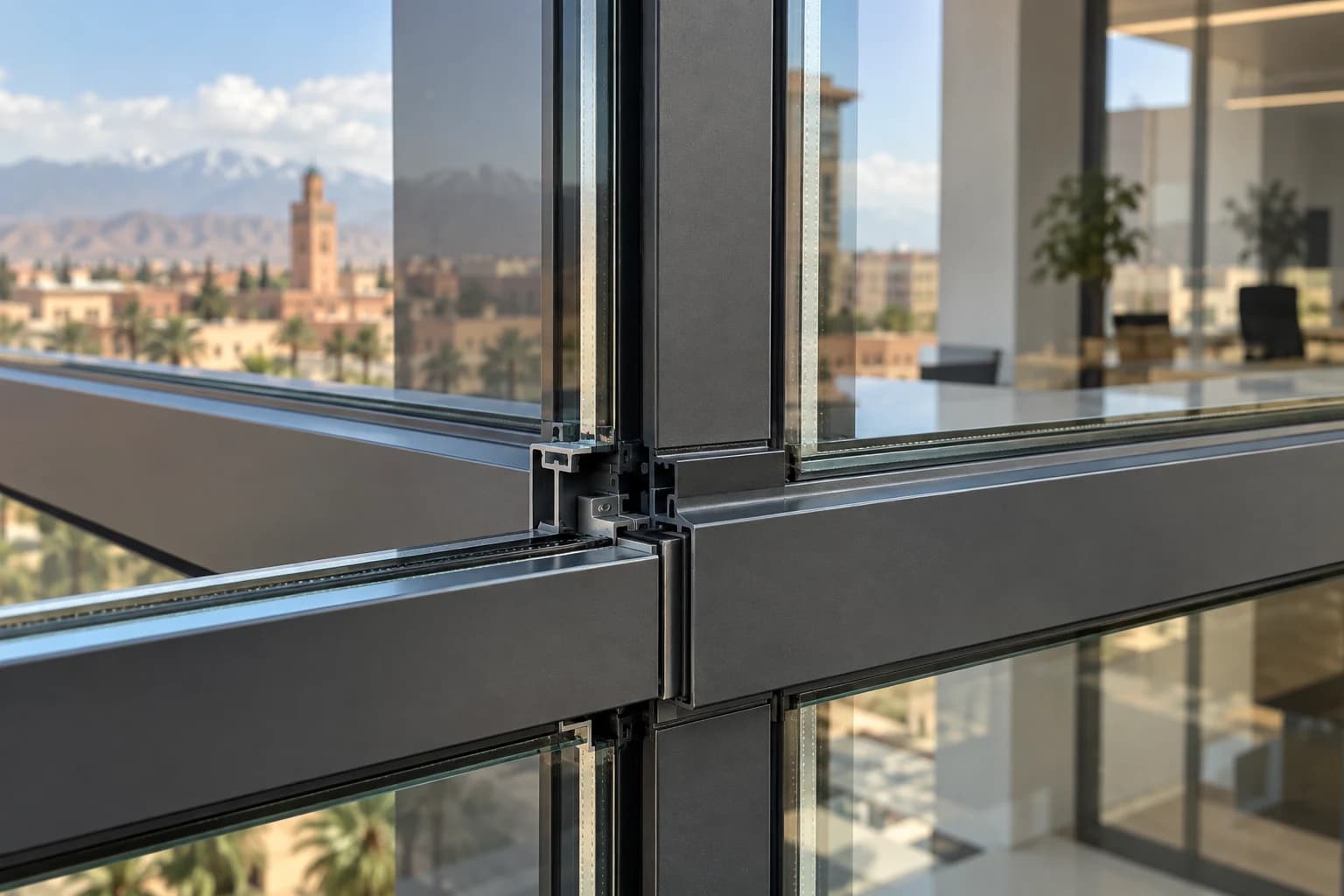 Détail de la jonction aluminium et du double vitrage d’un mur rideau