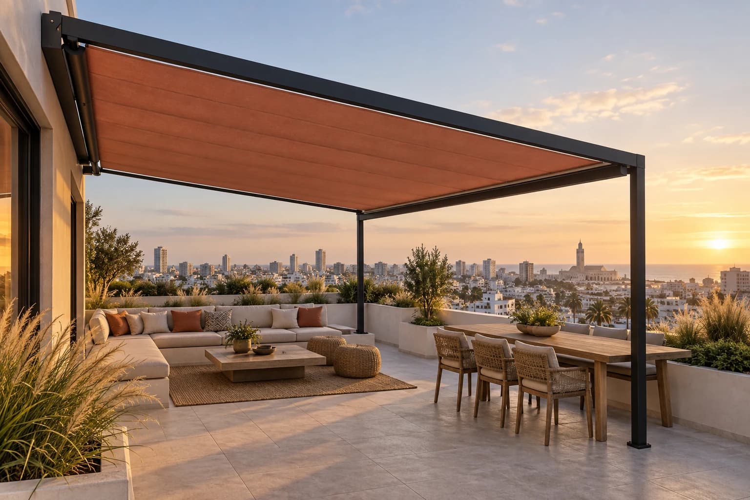 Pergola à bâche terracotta aménagée sur un rooftop à Casablanca