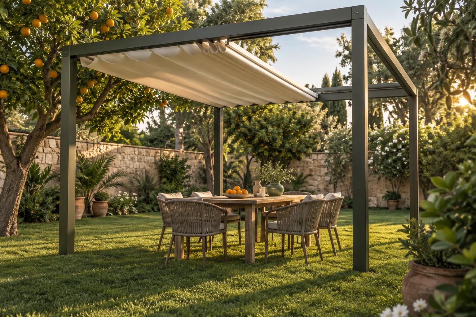 Pergola à bâche autoportante dans le jardin d’une villa à Rabat