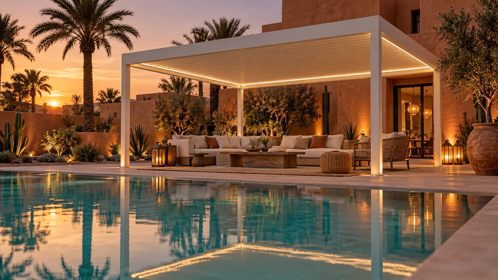 Pergola bioclimatique blanche avec éclairage LED au bord d’une piscine à Marrakech