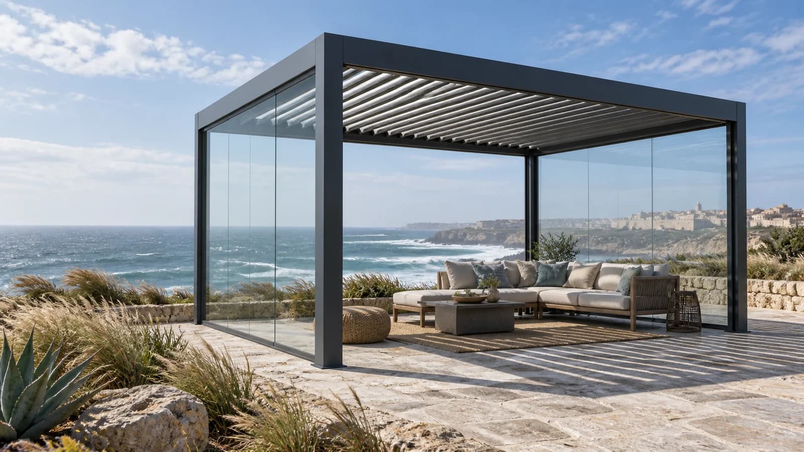 Pergola bioclimatique avec parois vitrées sur une terrasse face à l’océan