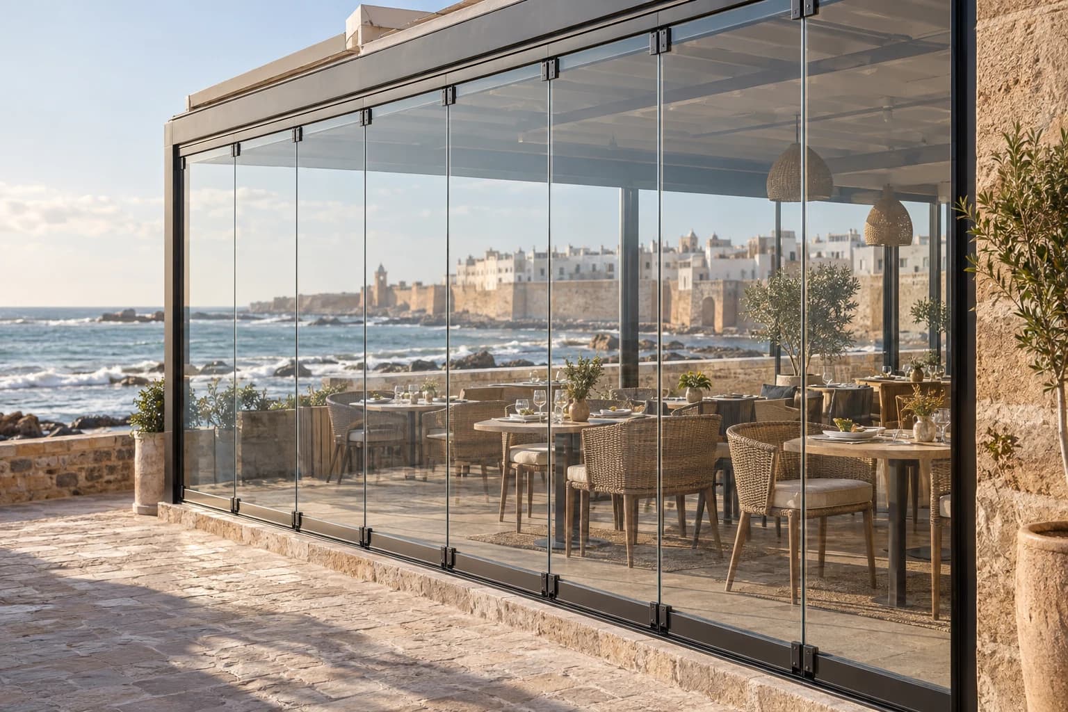 Système accordéon vitré fermé sur une terrasse de restaurant à Essaouira