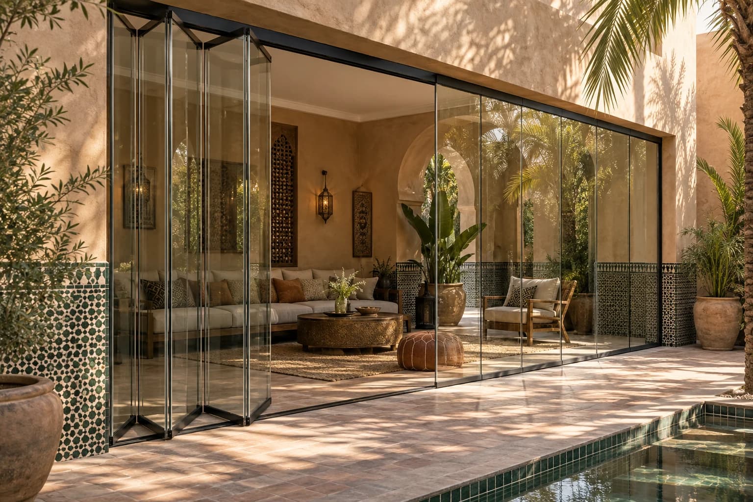 Paroi vitrée accordéon partiellement ouverte dans un riad à Marrakech
