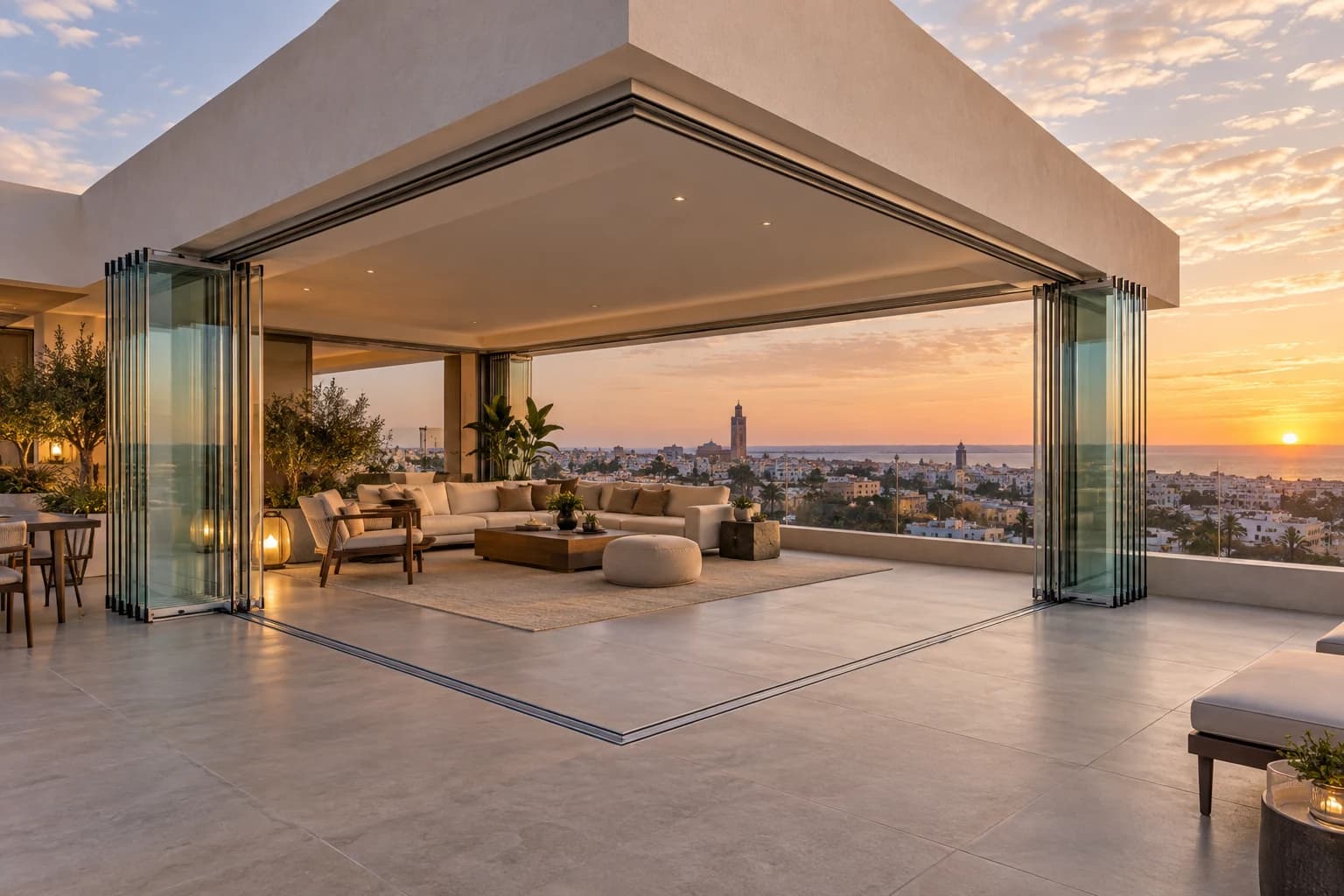 Ouverture d’angle sans poteau avec panneaux accordéon sur un rooftop à Rabat