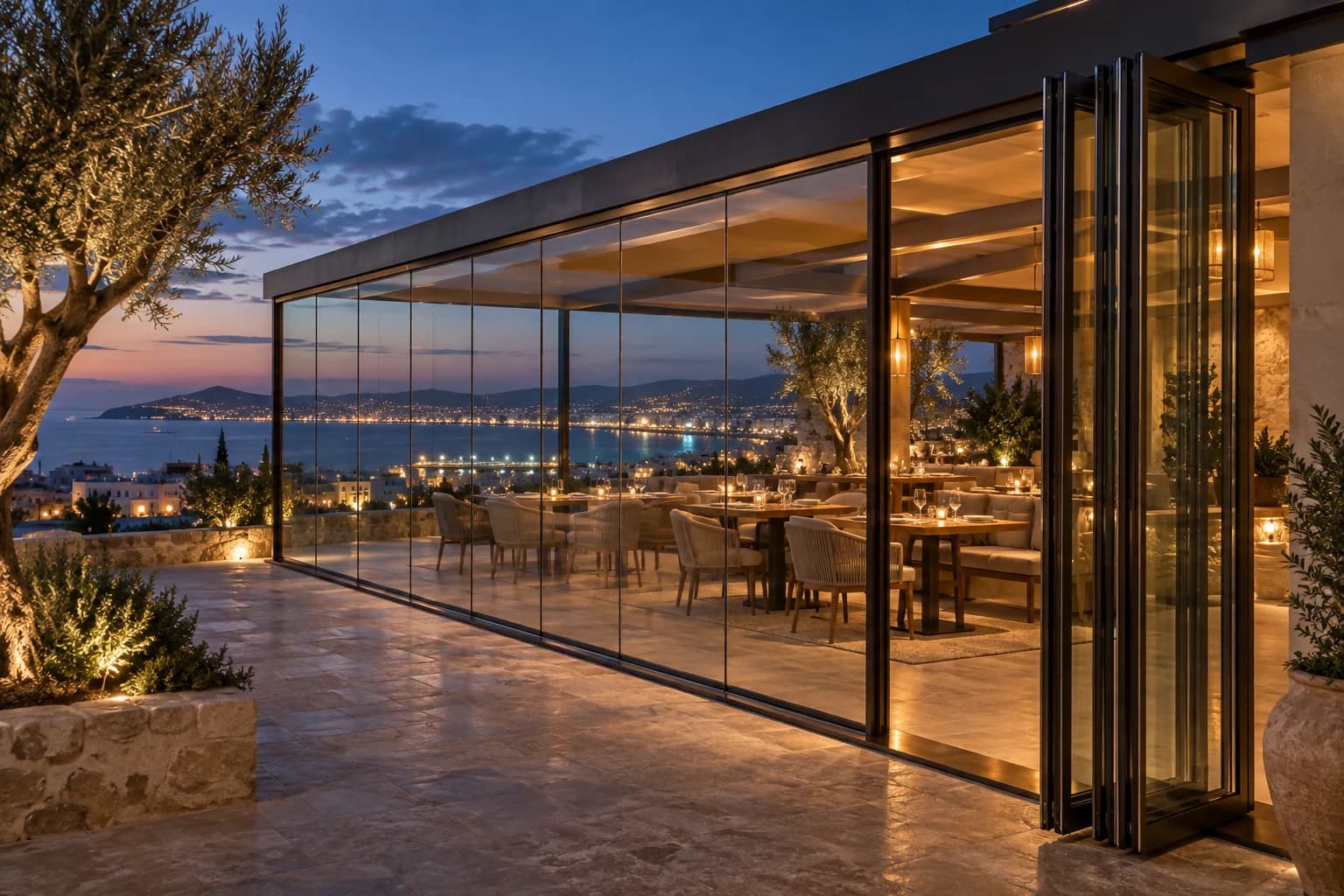Terrasse de restaurant protégée par un vitrage accordéon au crépuscule à Tanger