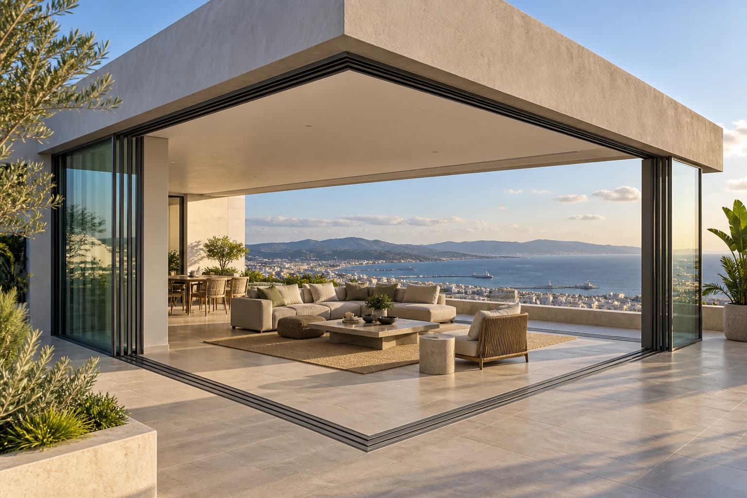 Ouverture d’angle sans poteau avec baies coulissantes Slim sur un rooftop à Tanger