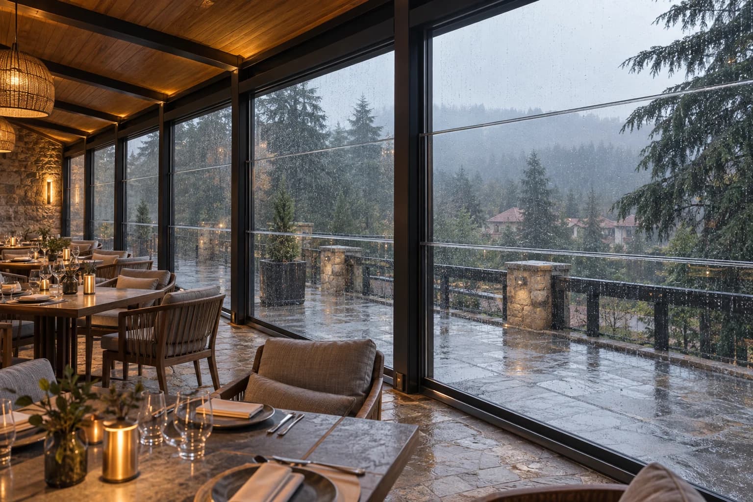 Système guillotine vitré fermé protégeant un restaurant sous la pluie à Ifrane