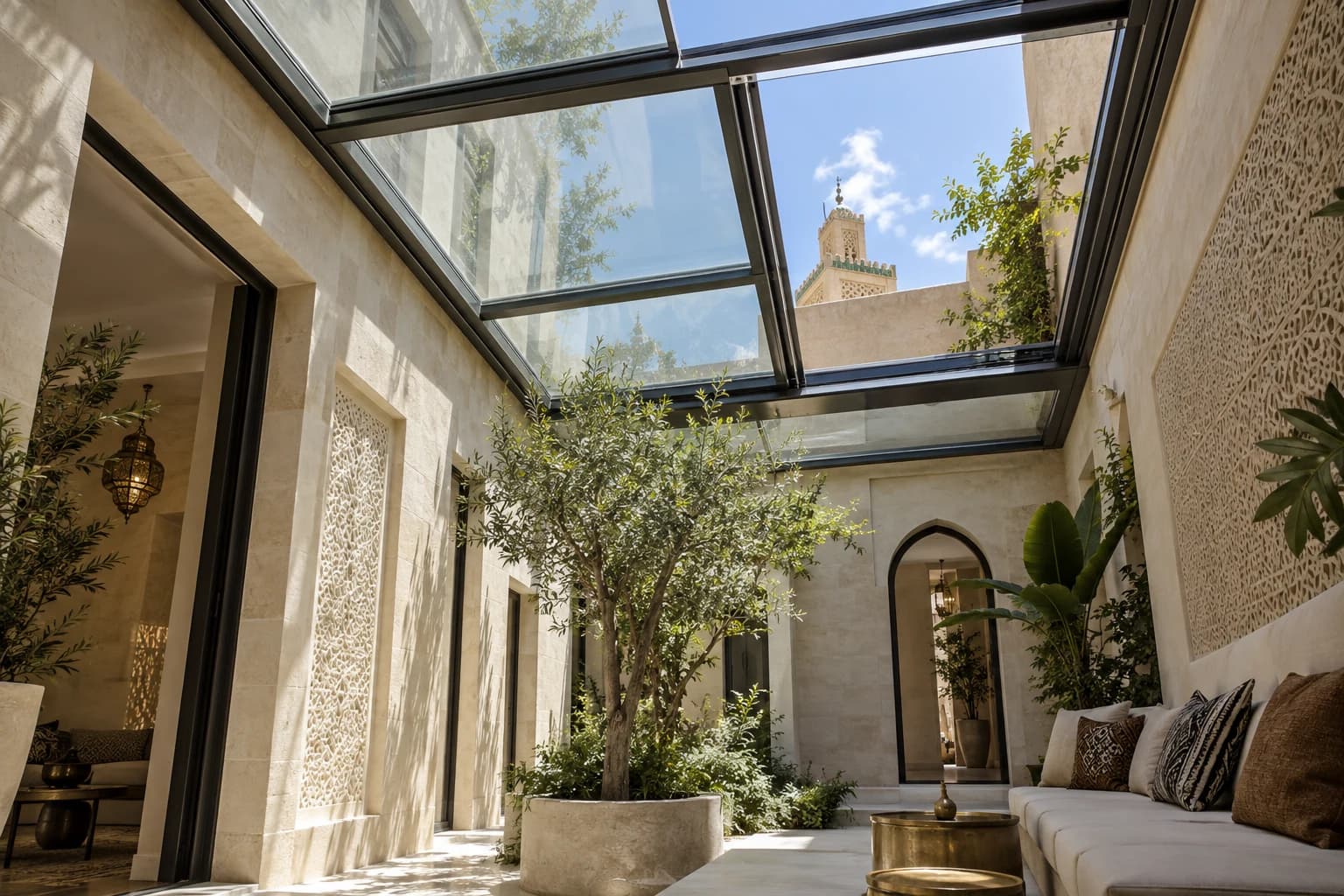 Vue intérieure d’un patio ventilé par une verrière coulissante à Fès
