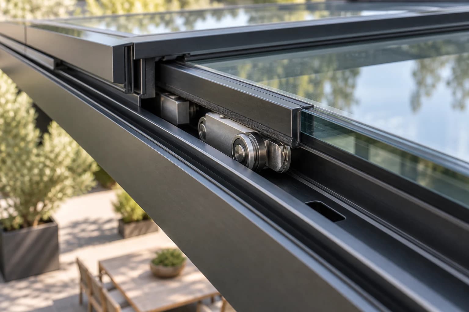 Détail du rail et des roulettes d’un toit vitré coulissant