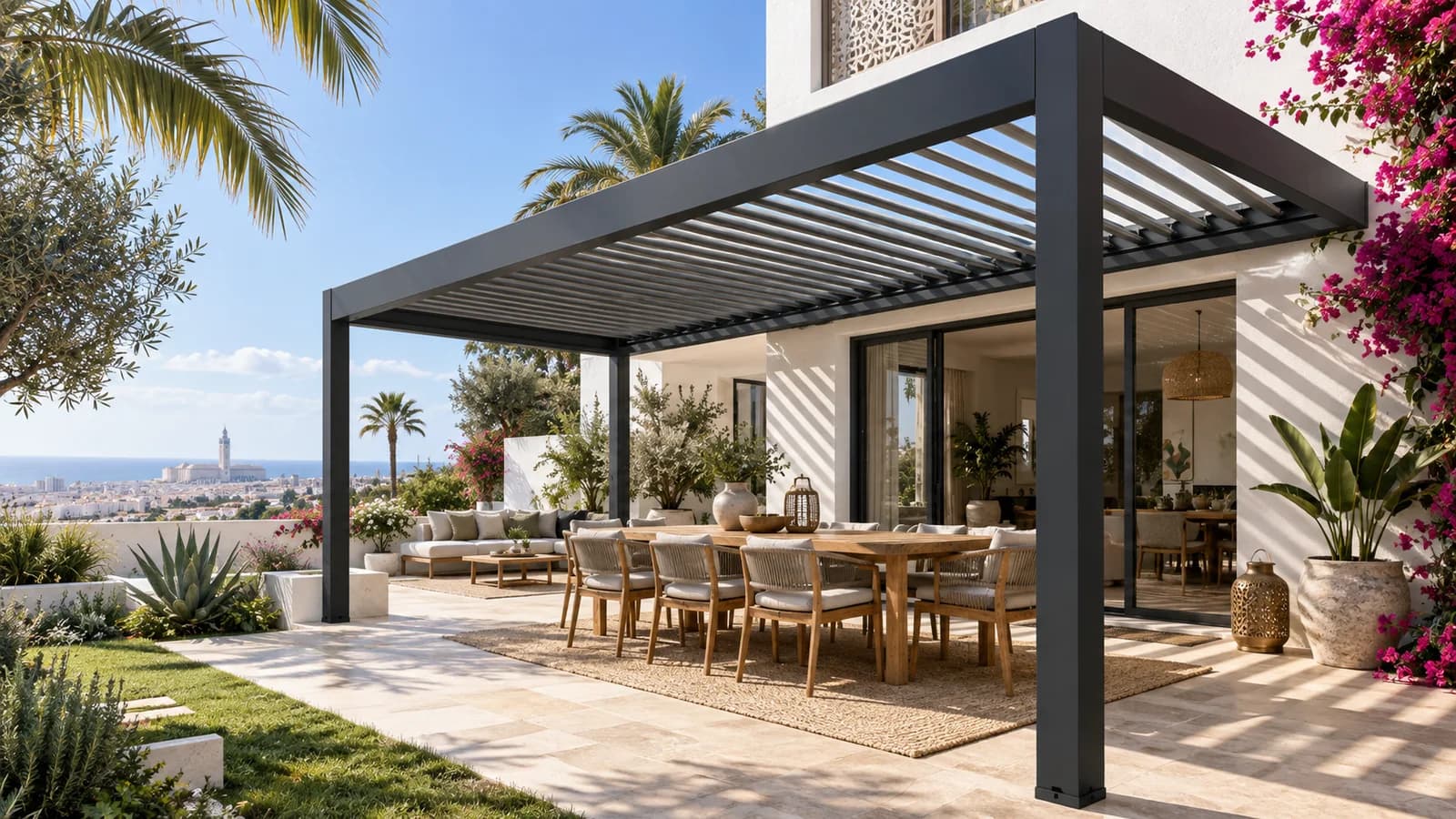 Pergola bioclimatique en aluminium anthracite installée sur la terrasse d’une villa à Casablanca