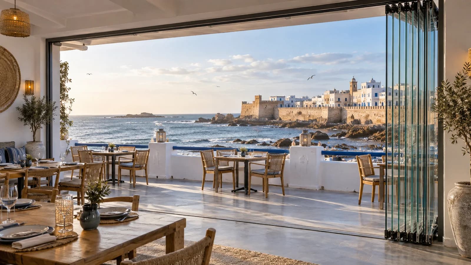 Rideau de verre accordéon entièrement replié sur une terrasse à Essaouira