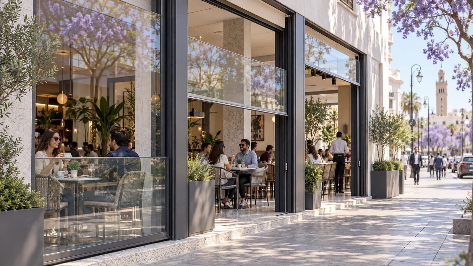 Vitrage guillotine motorisé à ouverture verticale sur la terrasse d’un café à Rabat