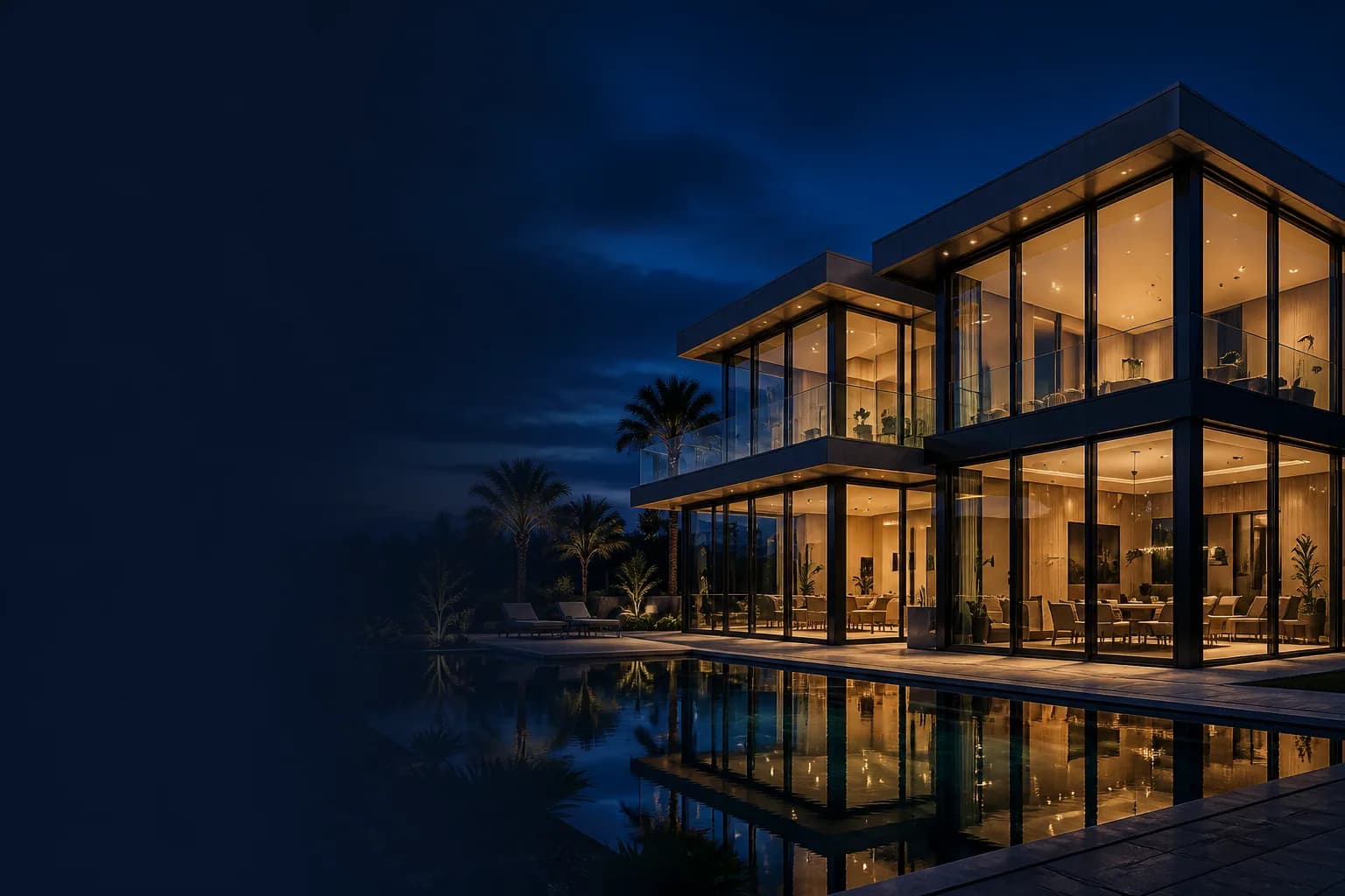 Villa contemporaine vitrée avec menuiseries aluminium au crépuscule