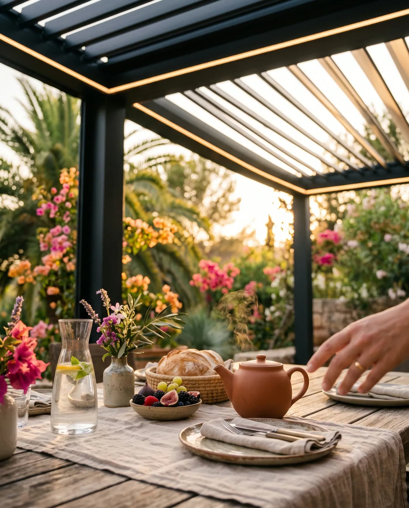 Petit-déjeuner dressé sur une table en bois sous une pergola bioclimatique au coucher du soleil