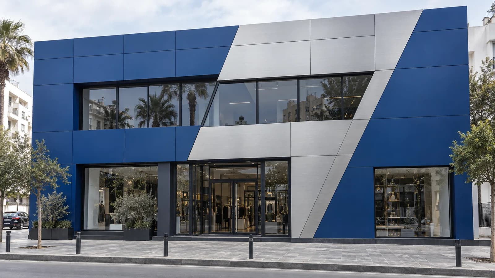 Façade commerciale habillée de panneaux composites aluminium bleus et argentés