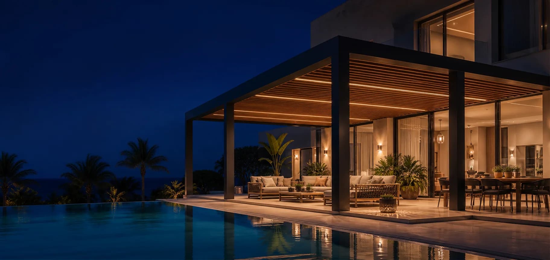 Pergola bioclimatique en aluminium au bord d’une piscine au crépuscule