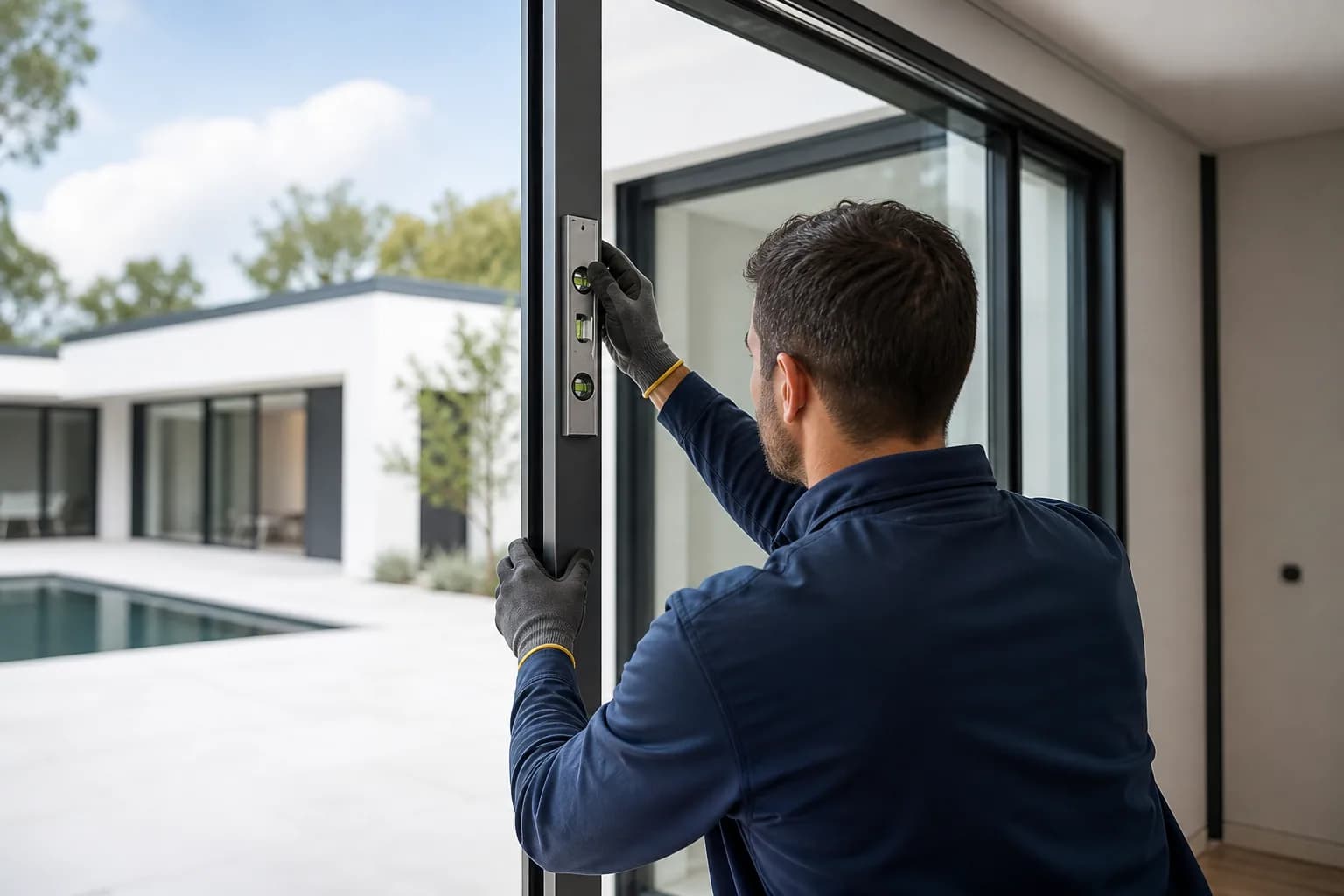 Technicien installant avec précision un cadre aluminium