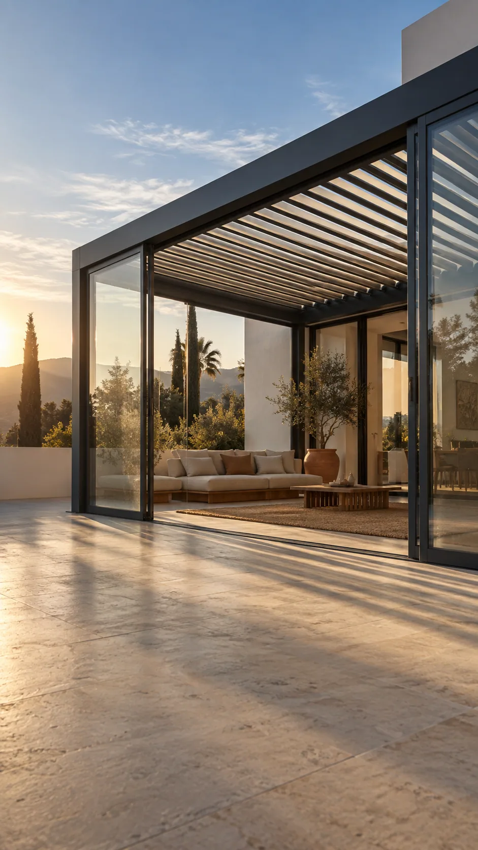 Pergola bioclimatique en aluminium anthracite à lames orientables, fermée par des vitrages coulissants sur la terrasse d'une villa, au coucher du soleil